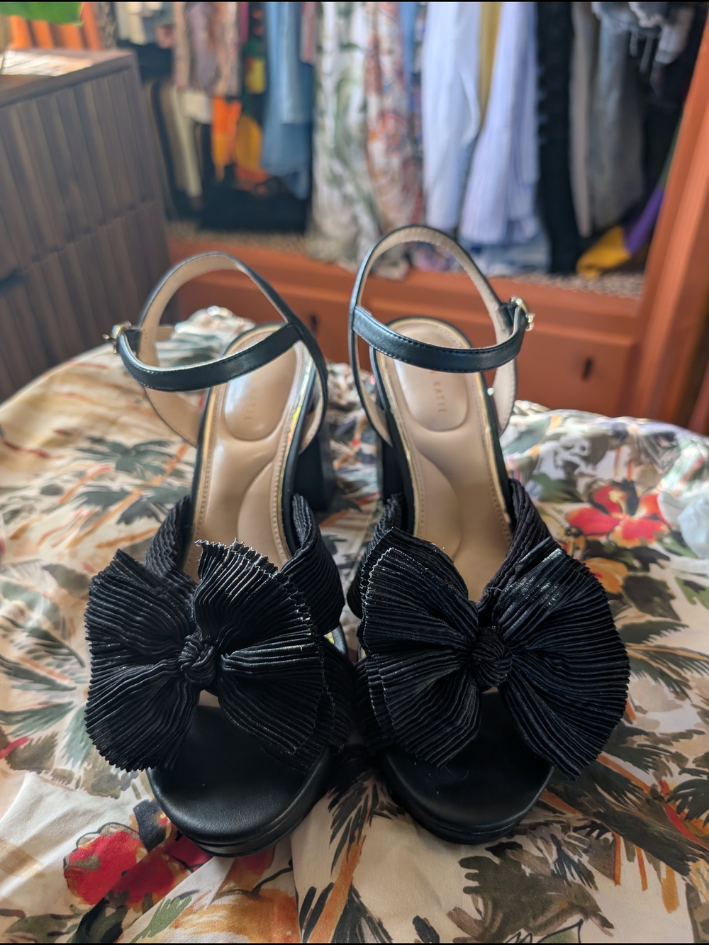 Kelly & Katie Black Bow Ankle-Strap Platform Sandals - Women's